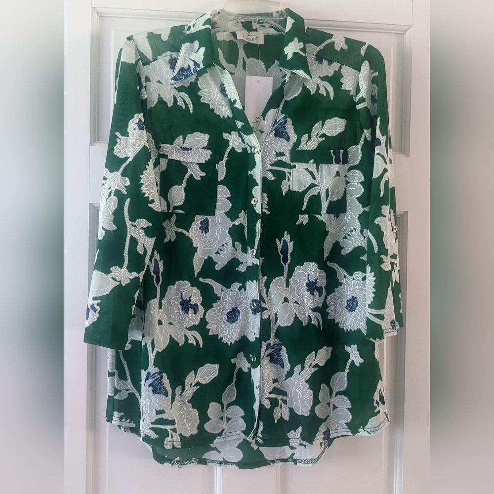 Ember New with Tags Emerald Green, White, and Royal Blue Sheer Top. Size Large.